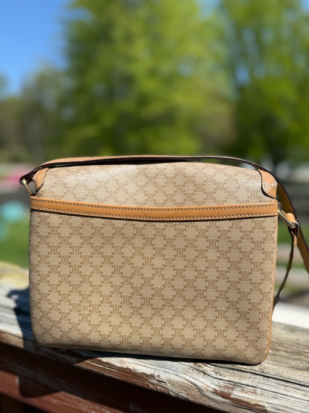 Celine Beige Monogram Crossbody with Tan Leather Trim - Picture 5 of 10